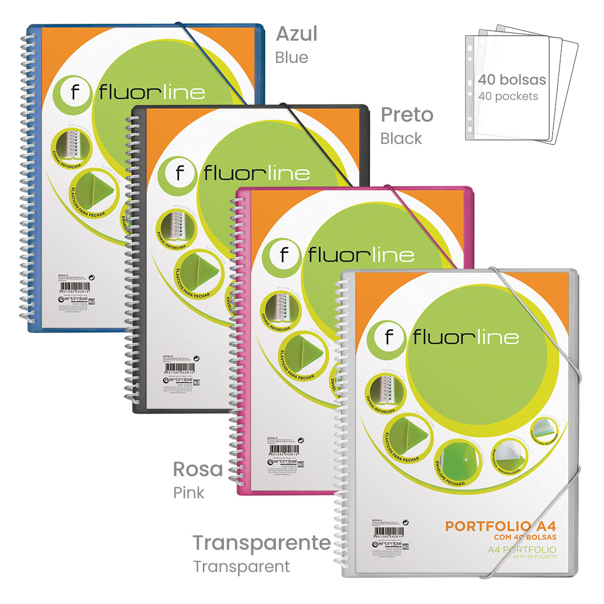 FLUORLINE-Porfólio A4 PP espiral 40 bolsas-várias cores