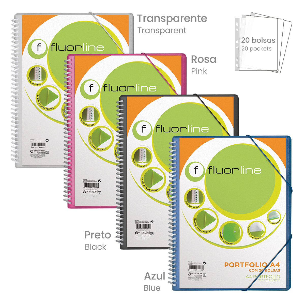 FLUORLINE-Porfólio A4 PP espiral 20 bolsas-várias cores