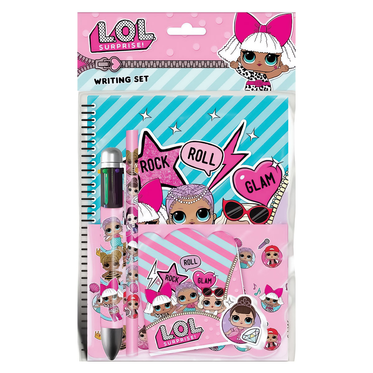 LOL-Set 6Peças(Cad+Bloco+Lápis+Stickers+Borracha+Caneta)