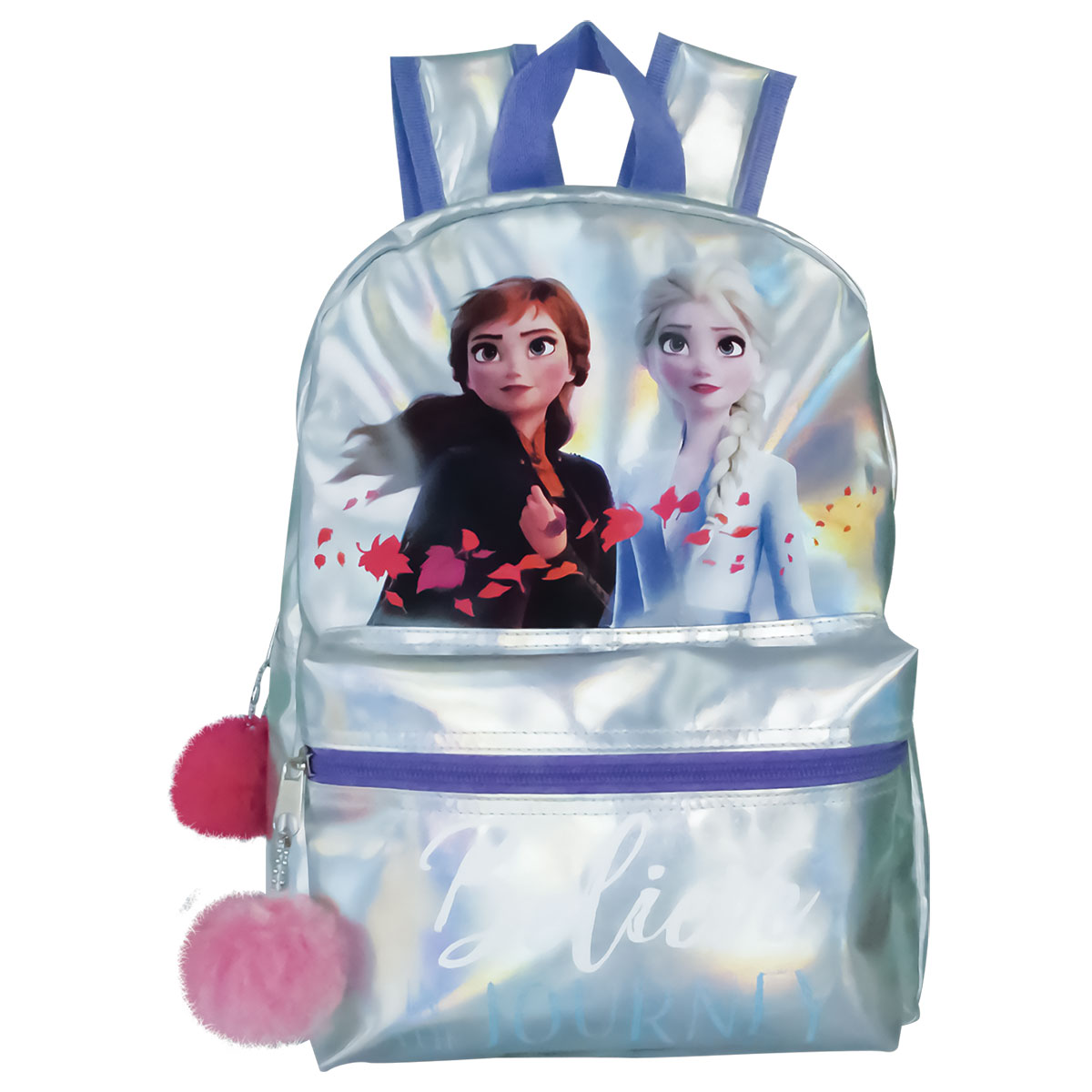 FROZEN2-Mochila metalizada soft com pompons 26x36x11cm